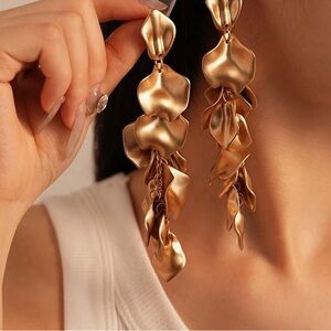 long brushed gold leaf earrings